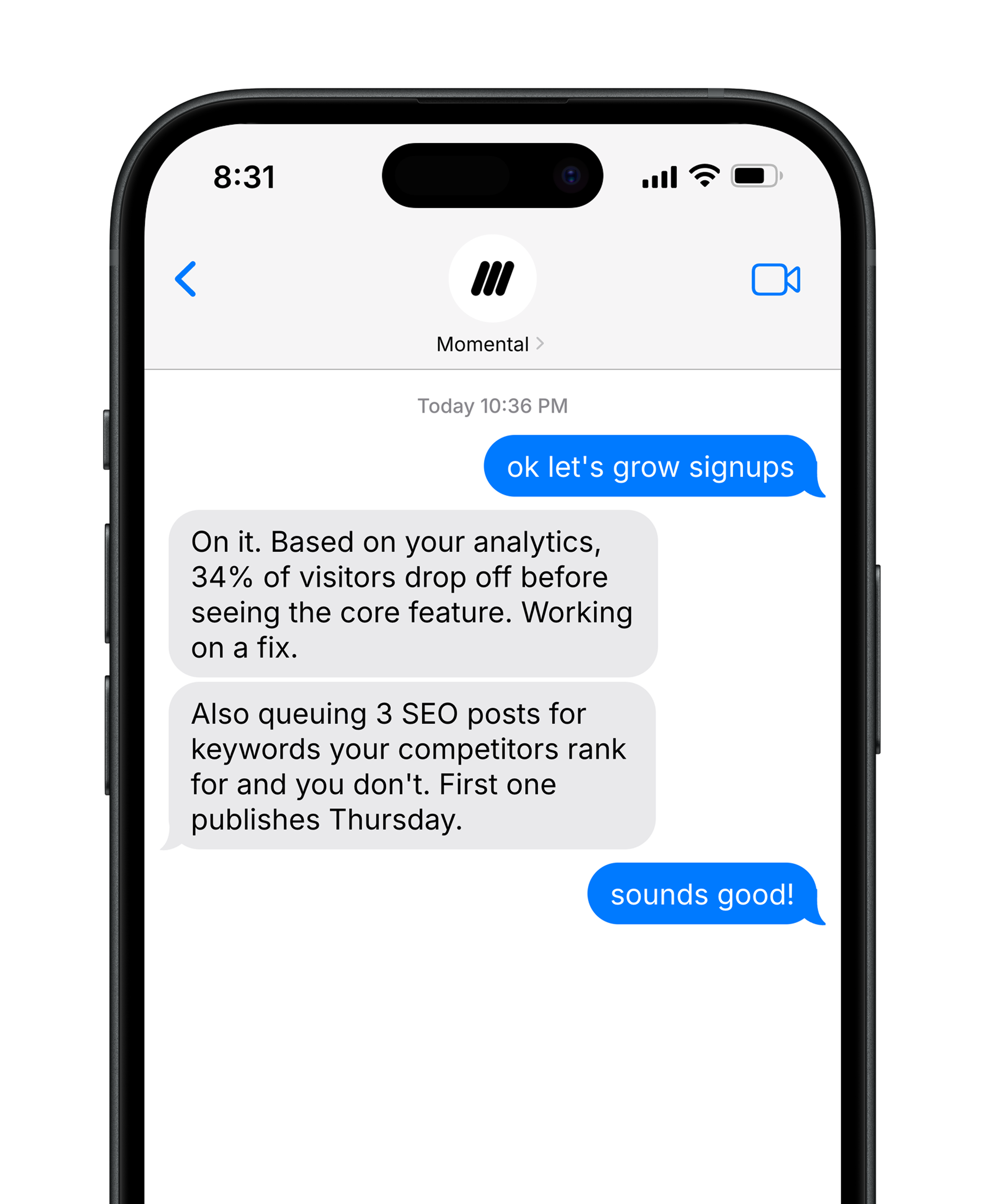 Momental running inside an iMessage conversation on iPhone.